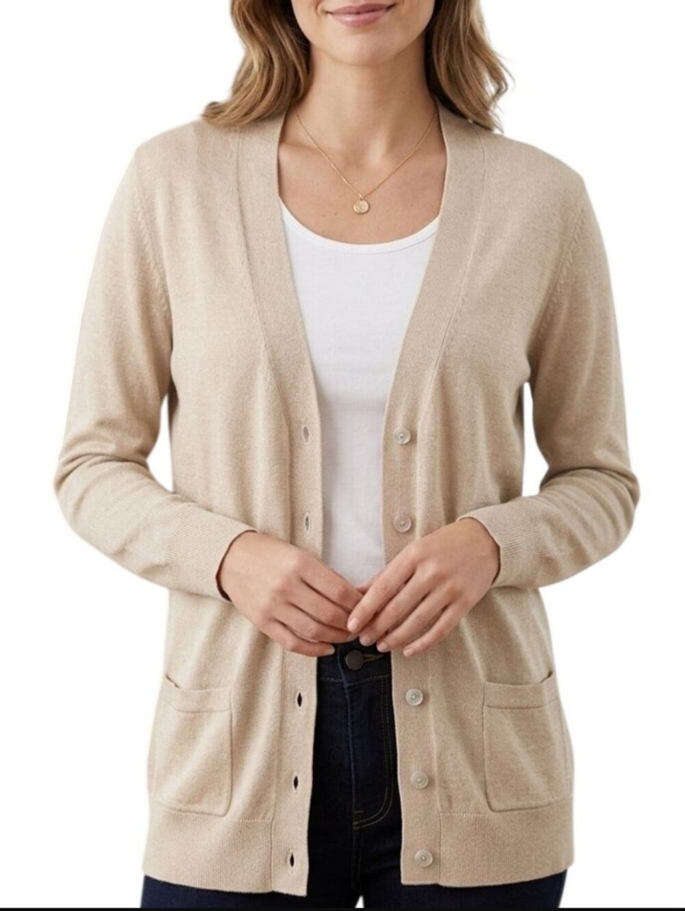 Lands' End Neutral Beige Long Line Grandma Sweater Pockets Button Closure Size L